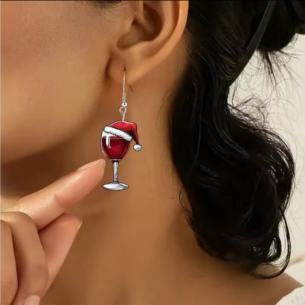 Christmas Wine Cup Pendant Earrings New Year Wine Glass Christmas Hat